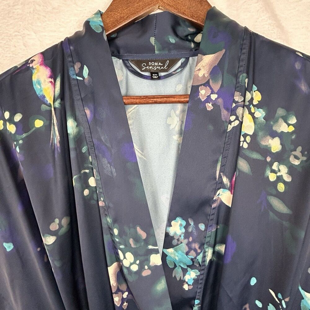 Soma Sensual Robe Wrap Kimono Floral Hummingbird Satin Boudoir Blue Size S/M - Picture 4 of 9